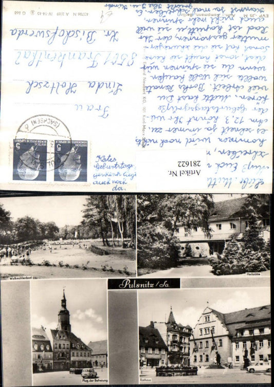 281622,Pulsnitz Heilstätte Rathaus Platz d. Befreiung Walkmühlenbad Mehrbildkarte
