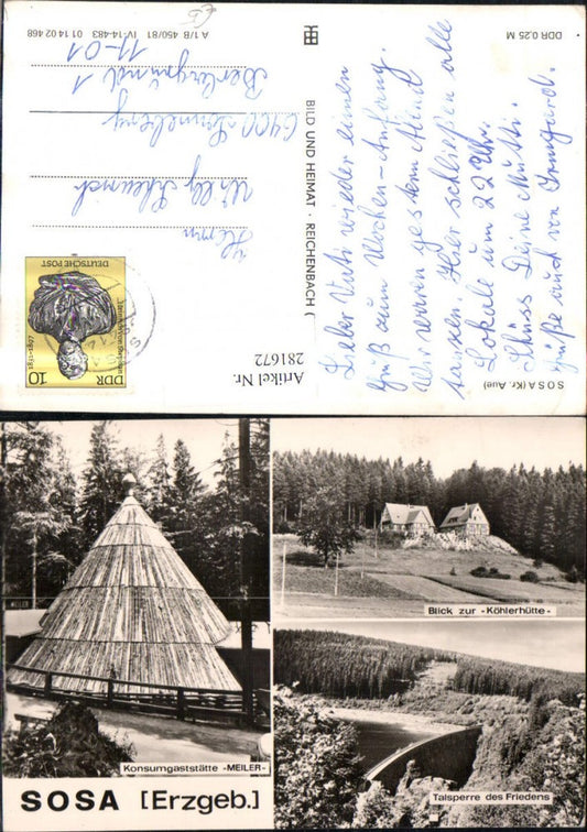 281672,Sosa im Erzgebirge Konsumgaststätte Meiler Köhlerhütte Talsperre d. Friedens Mehrbildkarte