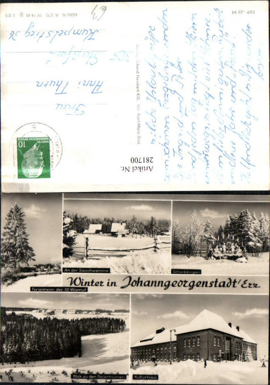 281700,Johanngeorgenstadt im Erzgebirge Ferienheim Kulturhaus Schwibbogen Mehrbildkarte Winterbilder