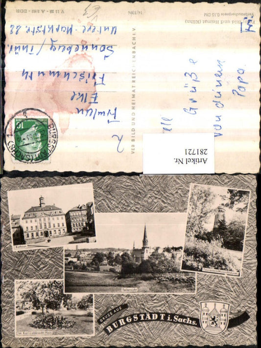 281721,Burgstädt in Sachsen Totale Rathaus Aussichtsturm Karl-Liebknecht-Hain Mehrbildkarte pub VEB 14/3394