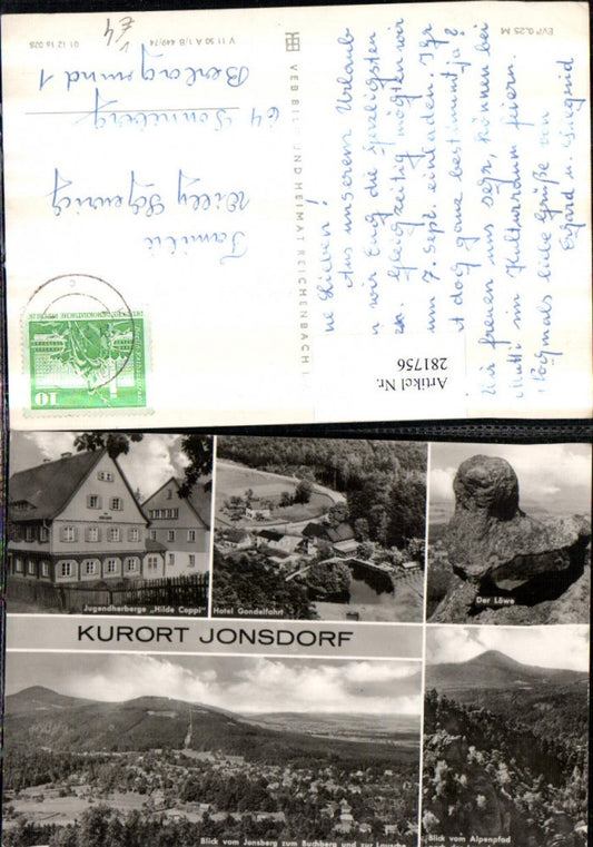 281756,Jonsdorf Totale Jungedherberge Hilde Coppi Löwe Felsen Hotel Gondelfahrt Mehrbildkarte pub VEB