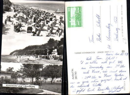281785,Koserow auf Usedom Strand Strandleben Strandkörbe Bungalows Mehrbildkarte