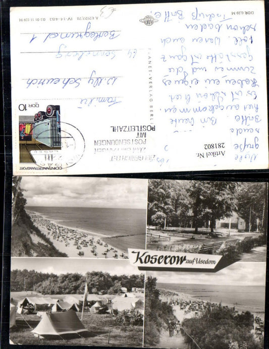281802,Koserow auf Usedom Strand Strandkörbe Park Musikpavillon Campingplatz Zelte Mehrbildkarte
