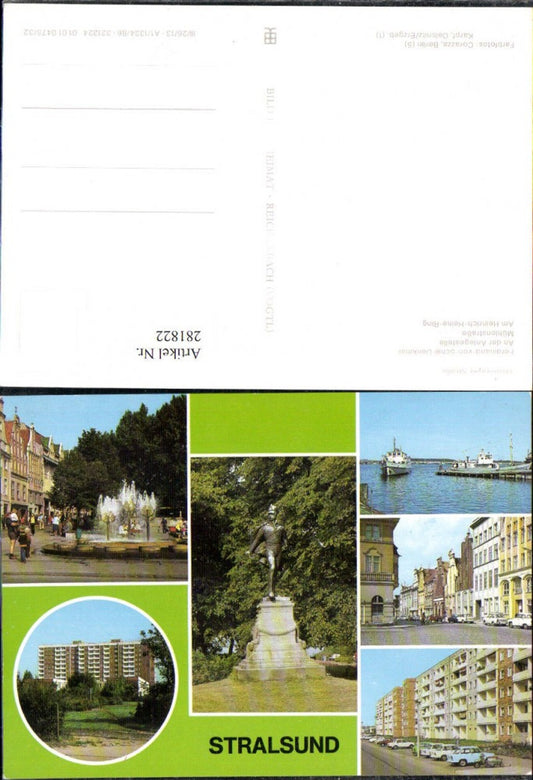 281822,Stralsund Ferdinand-von-Schill-Denkmal Anlegestelle Springbrunnen Wohnhäuser Mehrbildkarte