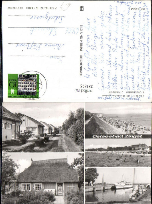 281825,Ostseebad Zingst Urlauberhof Reetdachhaus Bungalow Strand Hafen Boot Schiff Mehrbildkarte