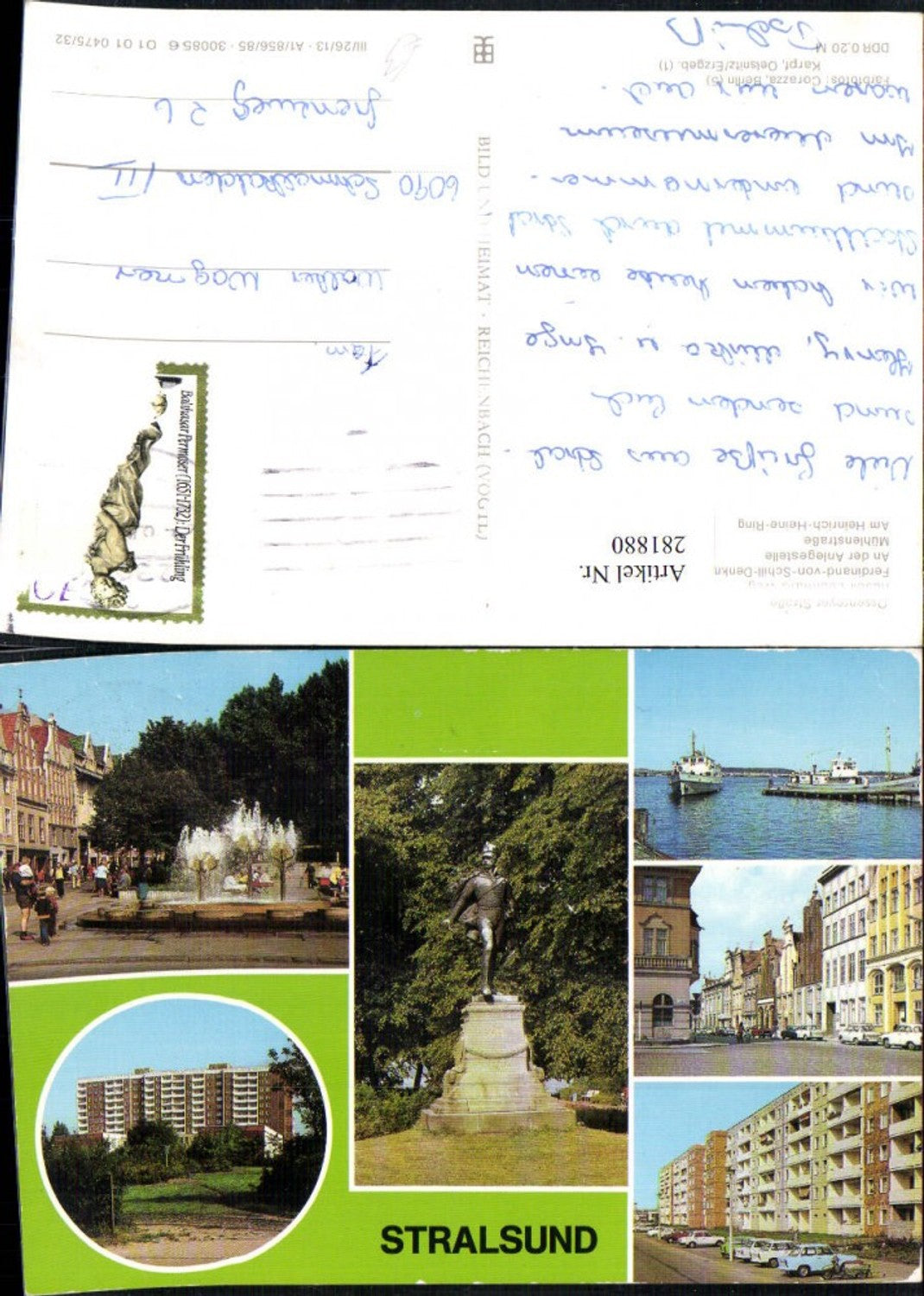 281880,Stralsund Ferdinand-von-Schill-Denkmal Anlegestelle Schiff Brunnen Mehrbildkarte