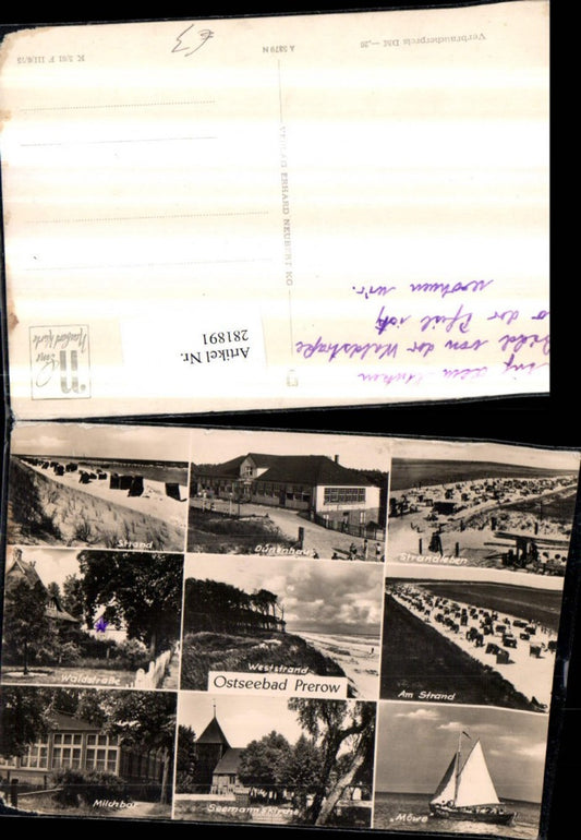 281891,Ostseebad Prerow Strand Dünenhaus Strandleben Möwe Segelboot Kirche Milchbar Mehrbildkarte