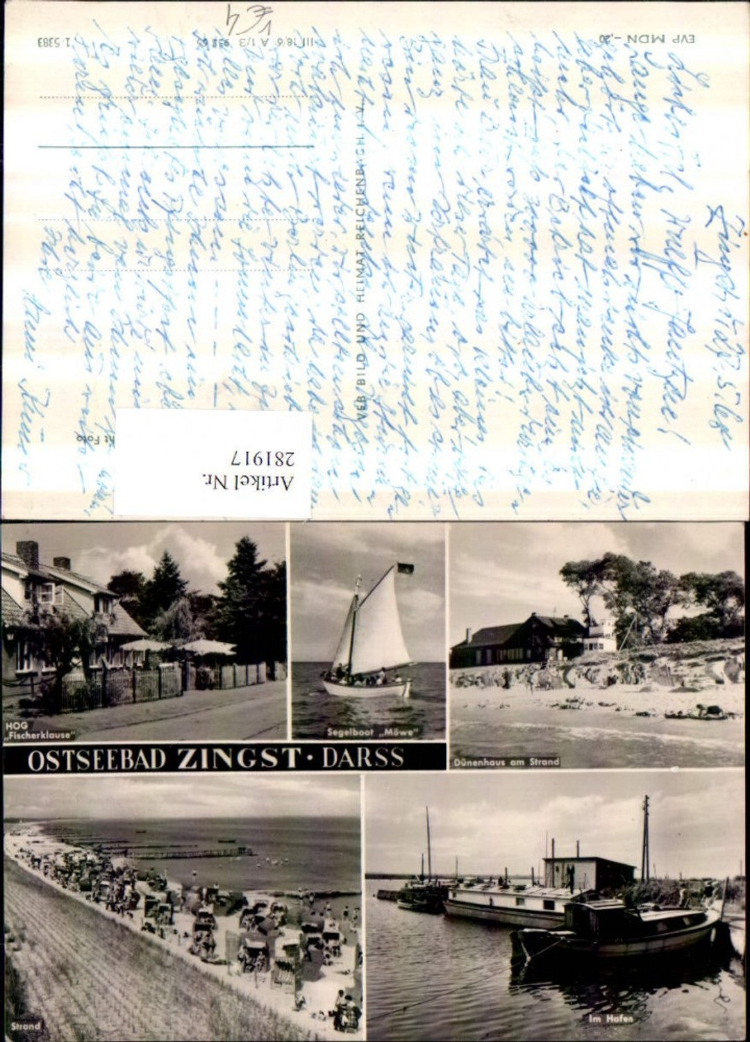 281917,Ostseebad Zingst Segelboot Möwe Dünenhaus Strand Hafen HOG Fischerklause Mehrbildkarte pub VEB