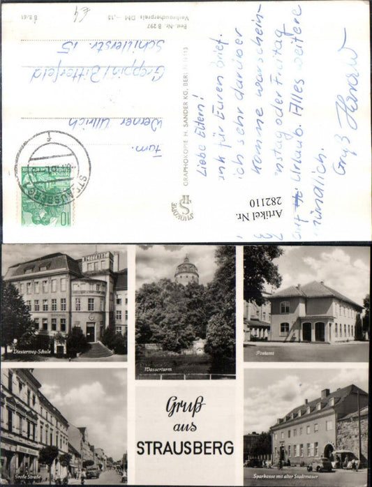 282110,Gruß aus Strausberg Postamt Wasserturm Sparkasse Stadtmauer Schule Mehrbildkarte