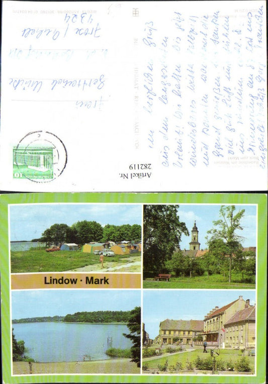 282119,Lindow Mark Campingplatz Weißer Sand Stadtkirche Badestelle Markt Mehrbildkarte