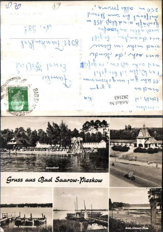 282163,Gruß aus Bad Saarow-Piesow Strandbad Rutsche Scharmützelsee Boote Segelboote Mehrbildkarte