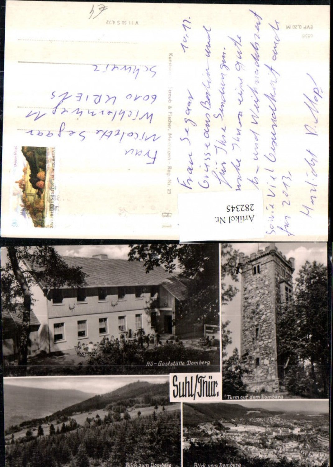 282345, Suhl in Thuringia, complete view of the HO restaurant Domberg Tower, multi-view postcard
