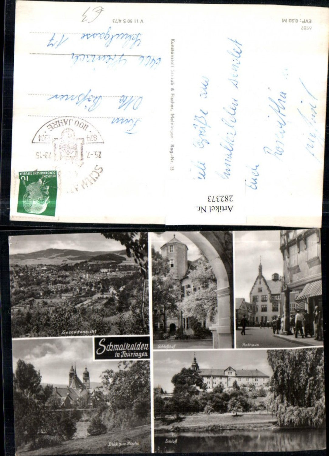 282373, Schmalkalden: Overview of the castle courtyard, town hall, castle, and church. Multi-view postcard