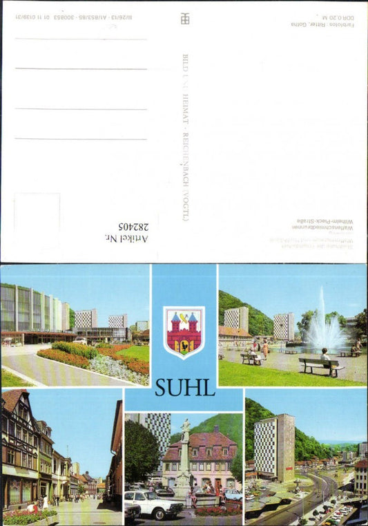 282405,Suhl Stadthalle Waffenmuseum Steinweg Waffenschmiedbrunnen Mehrbildkarte
