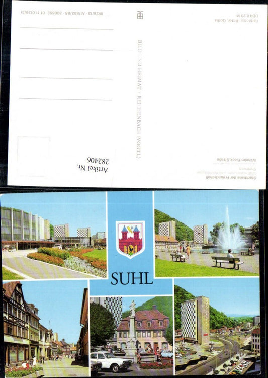 282406,Suhl Stadthalle Waffenmuseum Steinweg Waffenschmiedbrunnen Mehrbildkarte