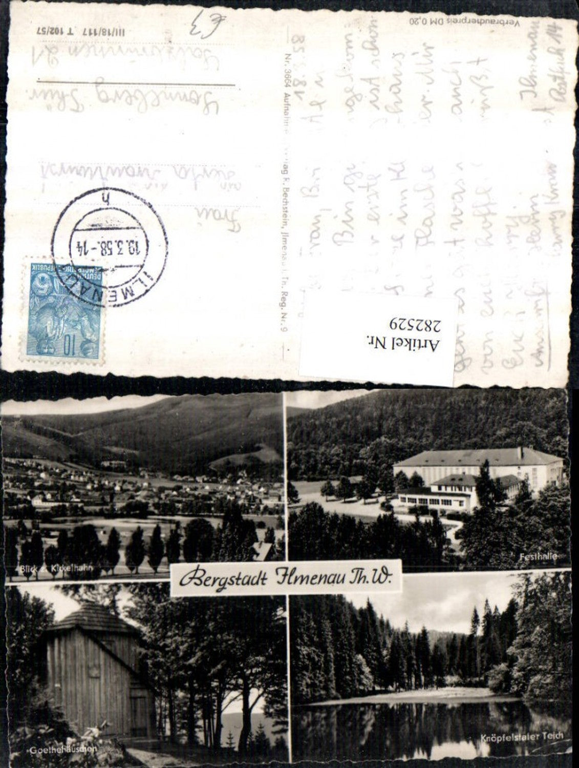 282529, Ilmenau in Thuringia, Total view of the festival hall, Goethe House, Knöpfelstaler Pond, multi-view map