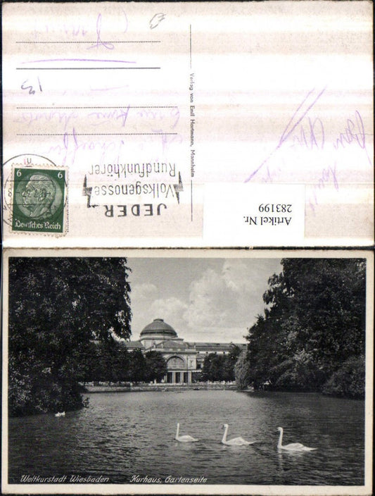 283199,Wiesbaden Kurhaus Gartenseite Teich Schwäne