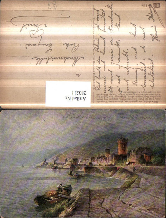 283211,Künstler AK Astudin Rüdesheim am Rhein Totale Boote