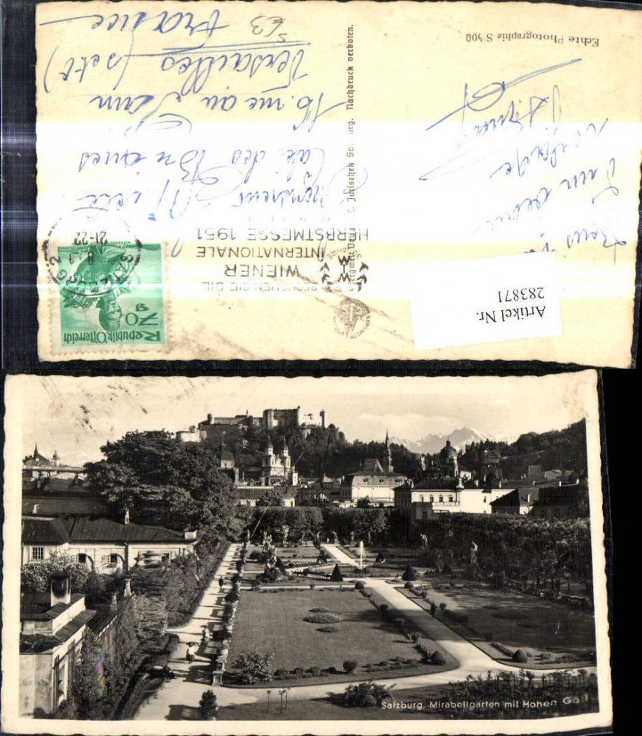 283871,Foto Ak Salzburg Mirabellgarten m. Hohen Göll Festung Hohensalzburg Stempel Wien Internationale Herbstmesse 1951