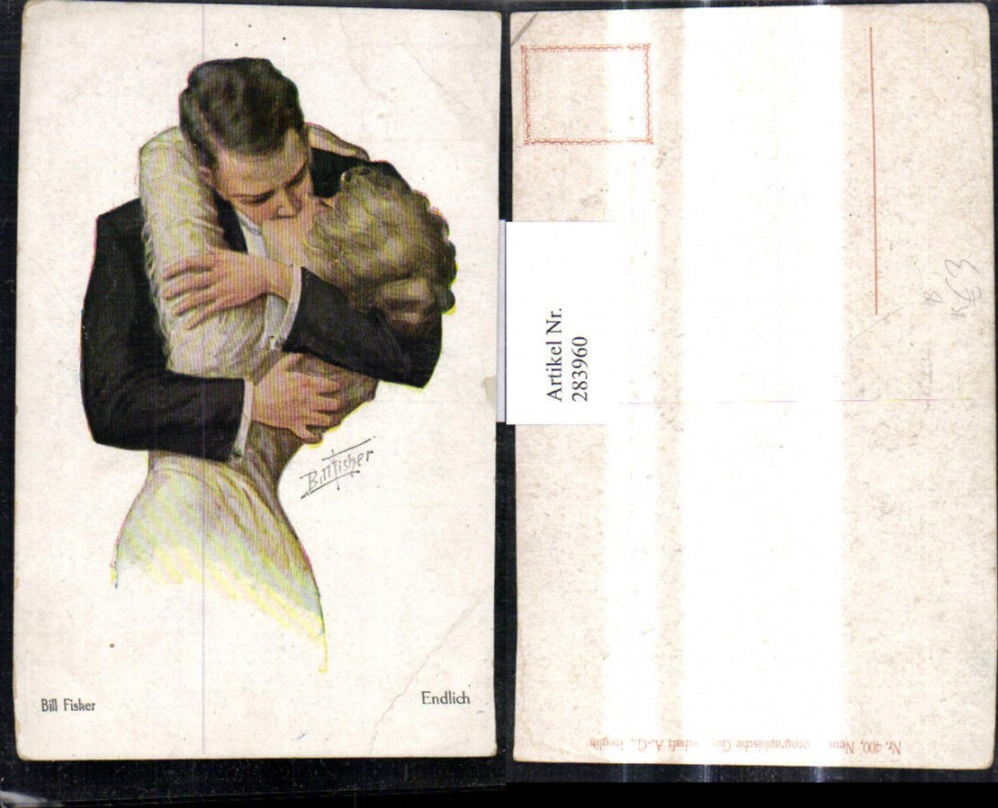 283960,Künstler Ak Bill Fisher Liebe Paar Umarmung Kuss Endlich