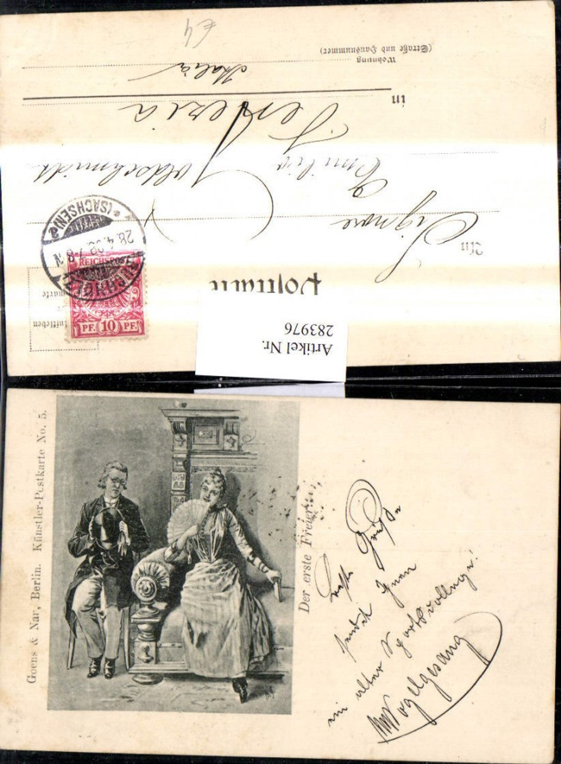 283976,Künstler Ak Der erste Freier Frau m. Fächer Mann Hut Zylinderhut Liebe Paar