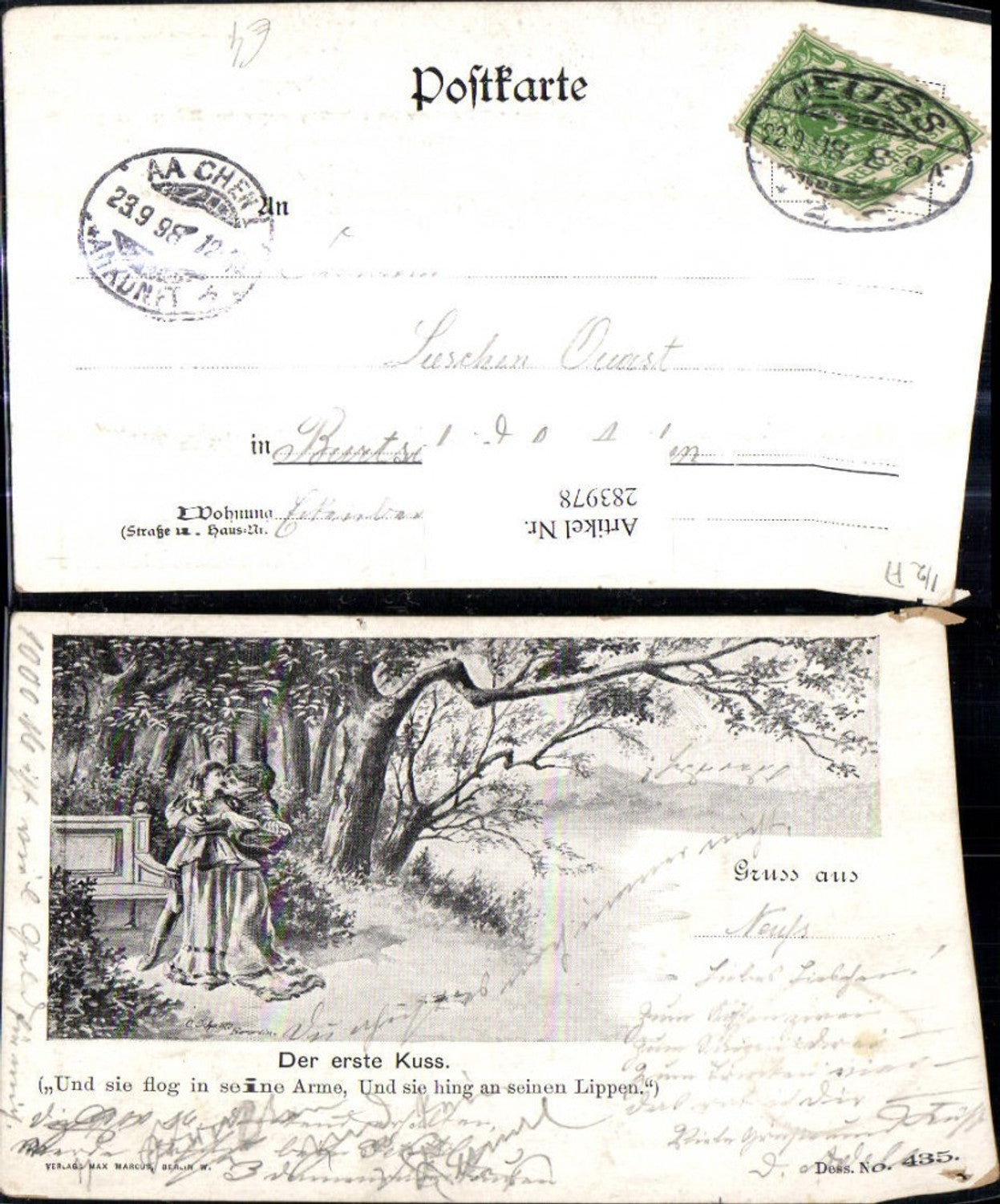 283978,Künstler Ak Liebe Paar Der erste Kuss b. Bank i. Wald Spruch