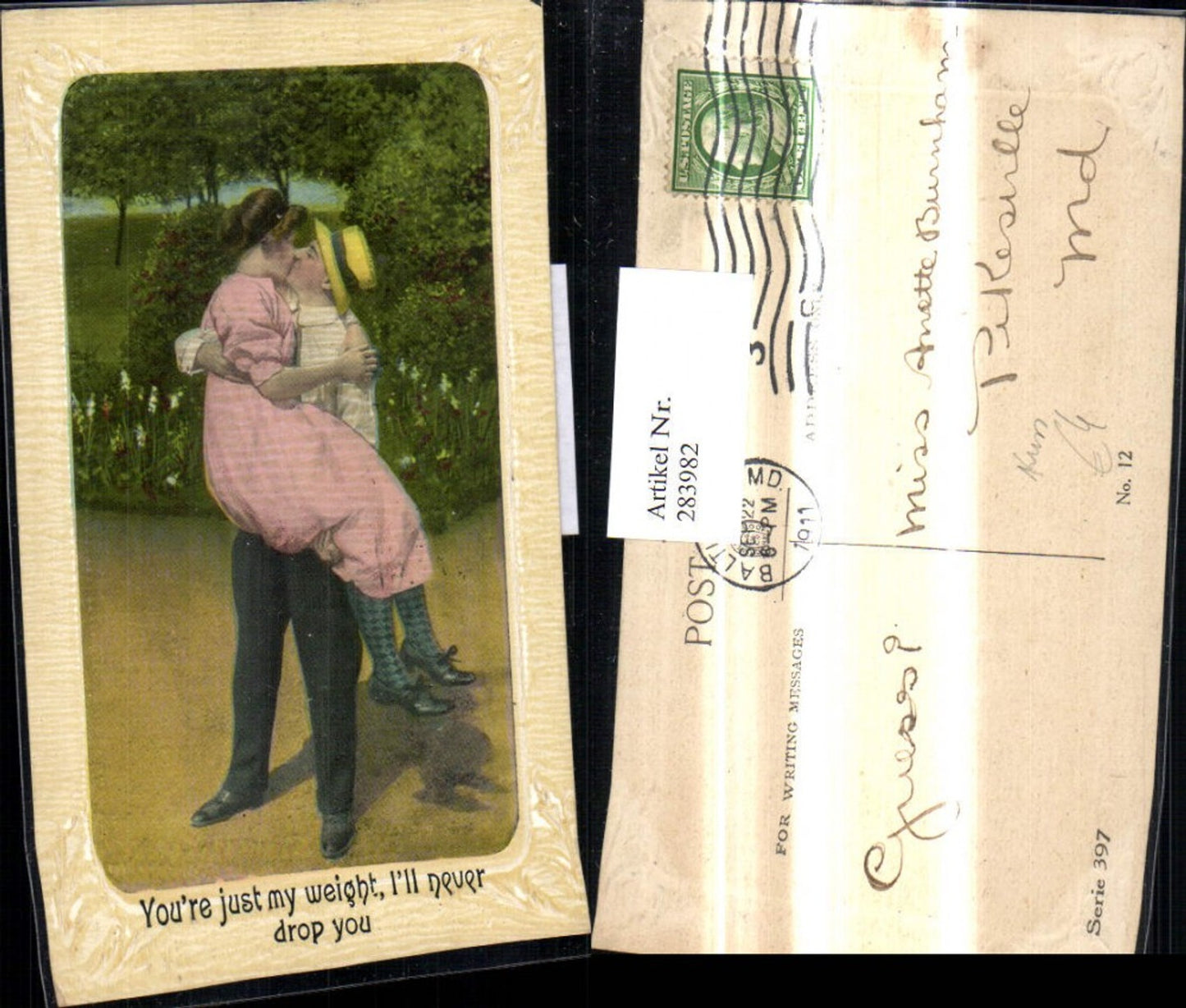 283982,Liebe Paar Kuss Mann hat Frau a. Arm Spruch Präge Passepartout