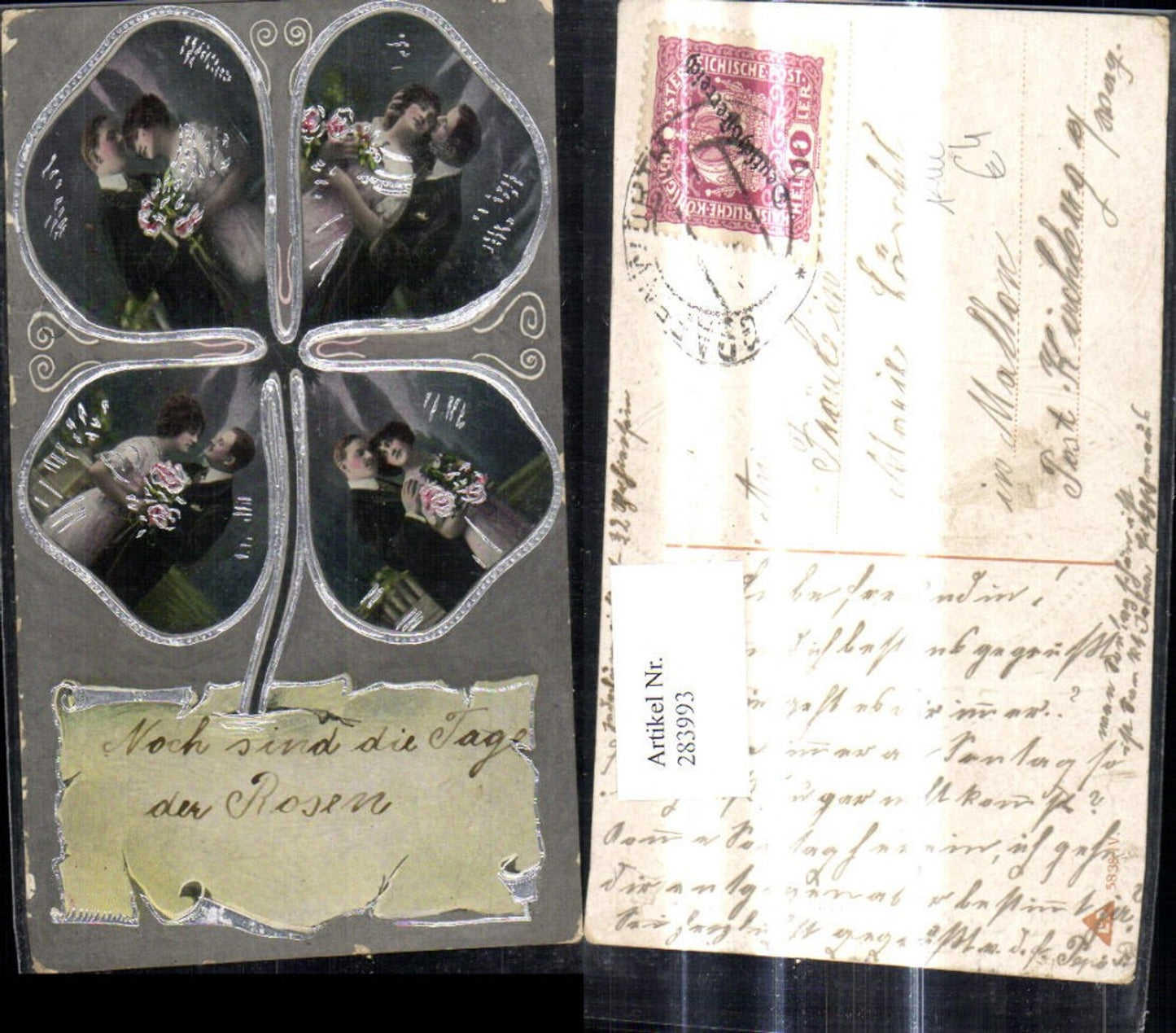 283993,Präge Ak Liebe Paar m. Rosen Rosenstrauß Kleeblatt Klee Silberverzierung