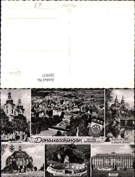 285037, Donaueschingen: Overview of the town church, castle, town hall, Danube source, multi-view map
