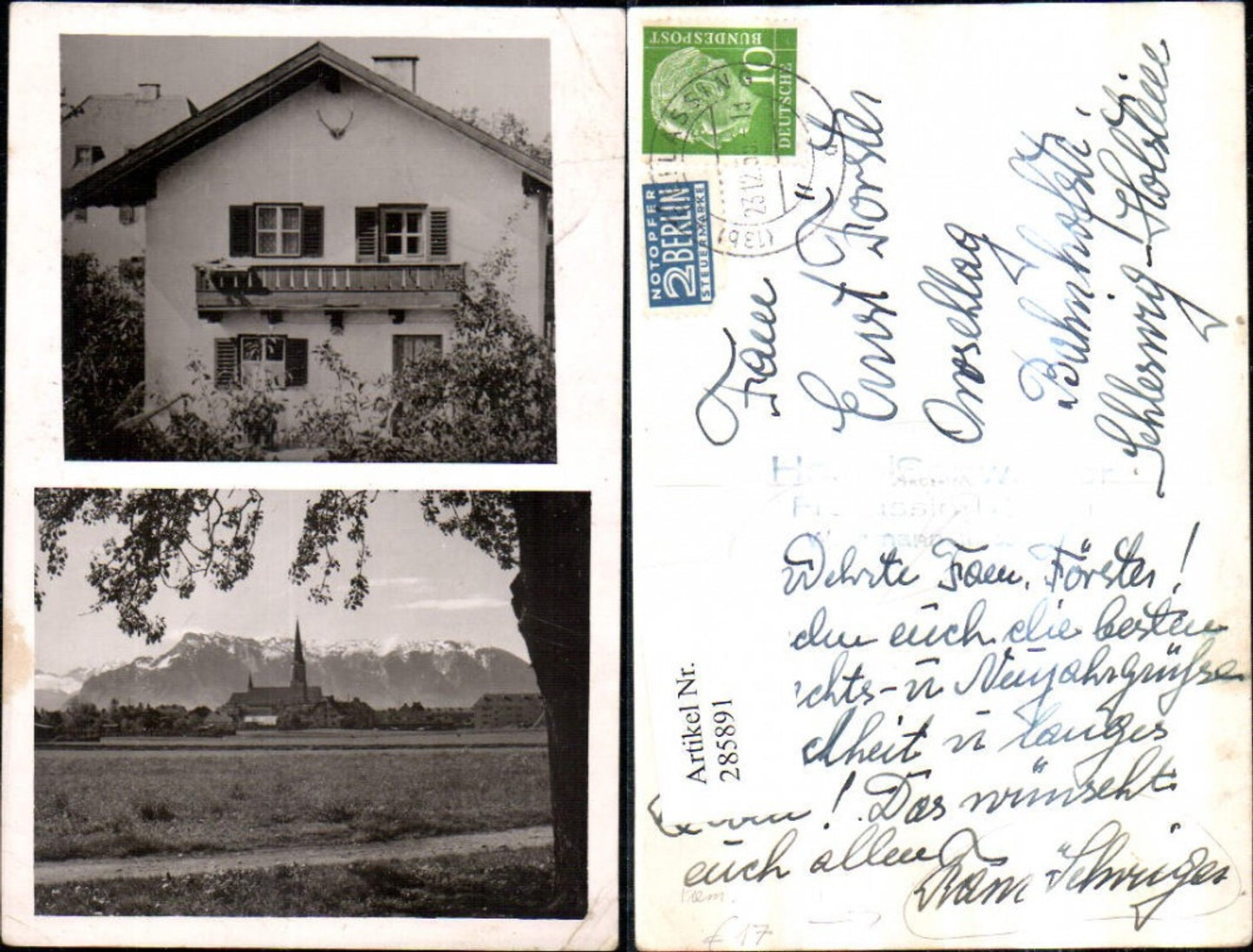 285891,Freilassing Teilansicht Kirche Bergkulisse Fam. Schweiger Hausansicht Mehrbildkarte