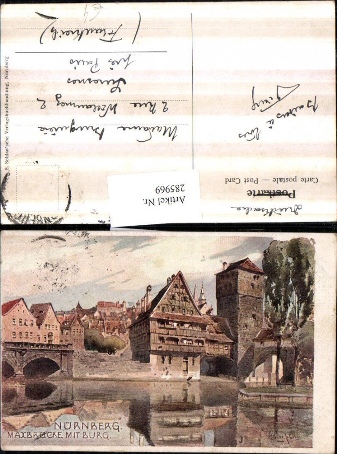 285969,Künstler AK Nürnberg Maxbrücke Brücke m. Burg Henkerturm