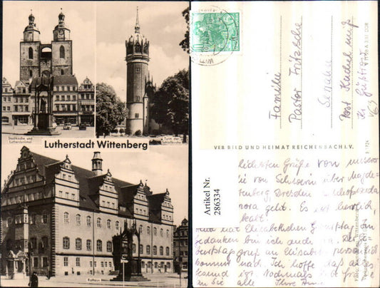 286334,Wittenberg Kirche u. Lutherdenkmal Rathaus Turm d. Schlosskirche Mehrbildkarte pub VEB 8/1724