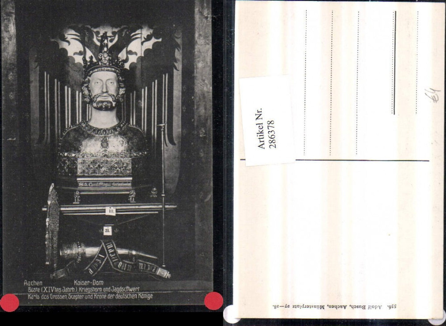 286378,Aachen Kaiser-Dom Büste Karls des Großen Kriegshorn u. Jagdschwert