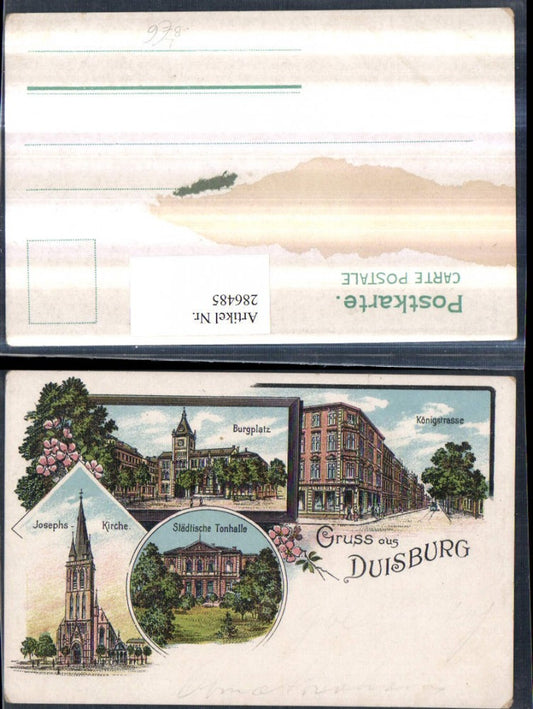 286485,Litho AK Gruß aus Duisburg Burgplatz Josephs-Kirche Tonhalle Königstraße Mehrbildkarte