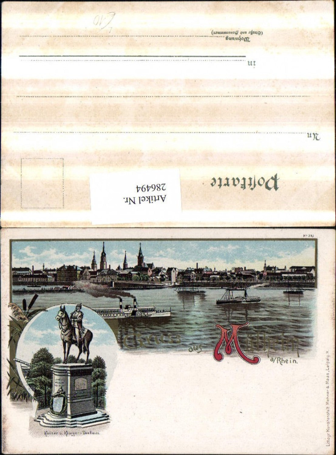 286494,Litho AK Gruß aus Mülheim am Rhein Totale Dampfer Kaiser u. Krieger-Denkmal Mehrbildkarte