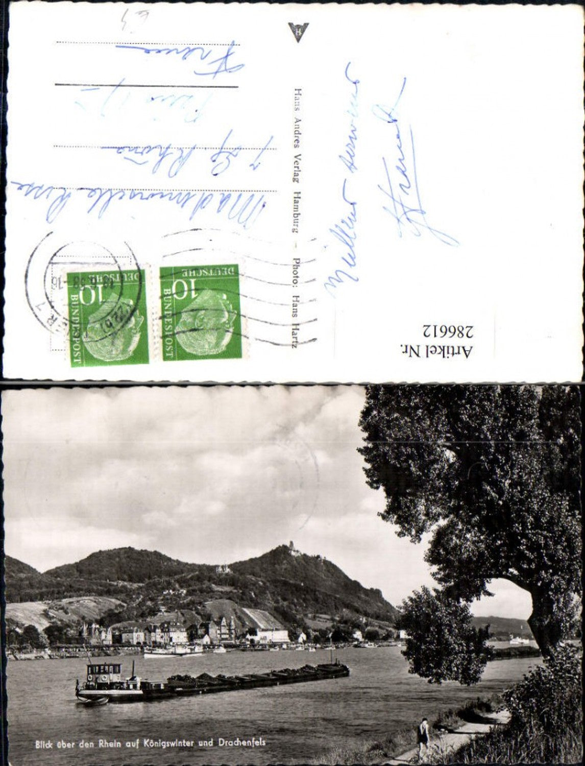 286612,Blick über d. Rhein auf Königswinter Totale u. Drachenfels Schiff