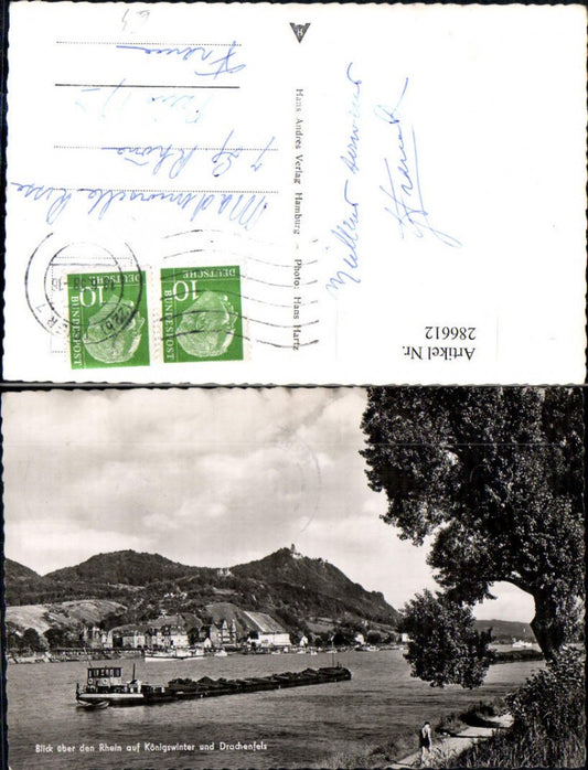 286612,Blick über d. Rhein auf Königswinter Totale u. Drachenfels Schiff