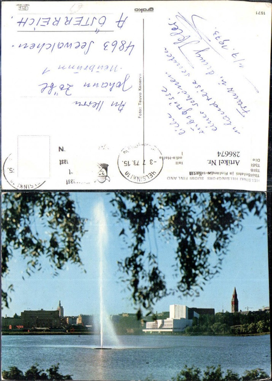 286674,Helsinki Die Töölönlahti Bucht u. Finlandia-Halle Fontäne