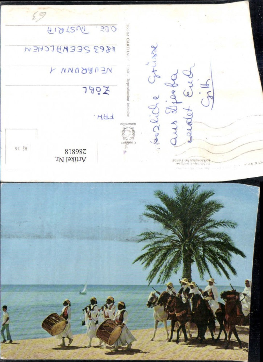 286818,Tunisie Tunesien Jerba folkloristische Tänze Volkstypen Trommel Pferde Palme Strand