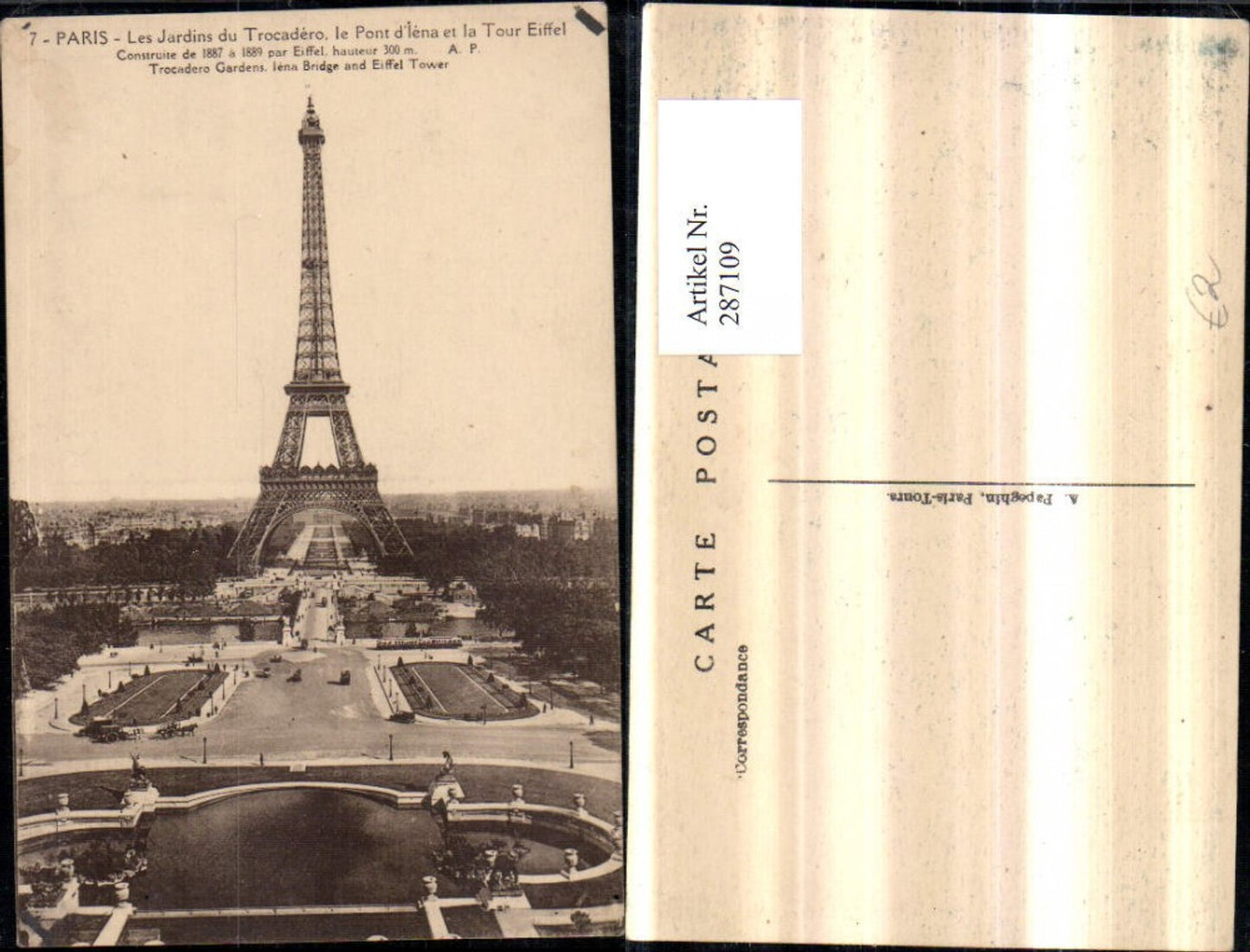 287109,Paris Les Jardins du Trocadero le Pont d'lena et la Tour Eiffel Eiffelturm