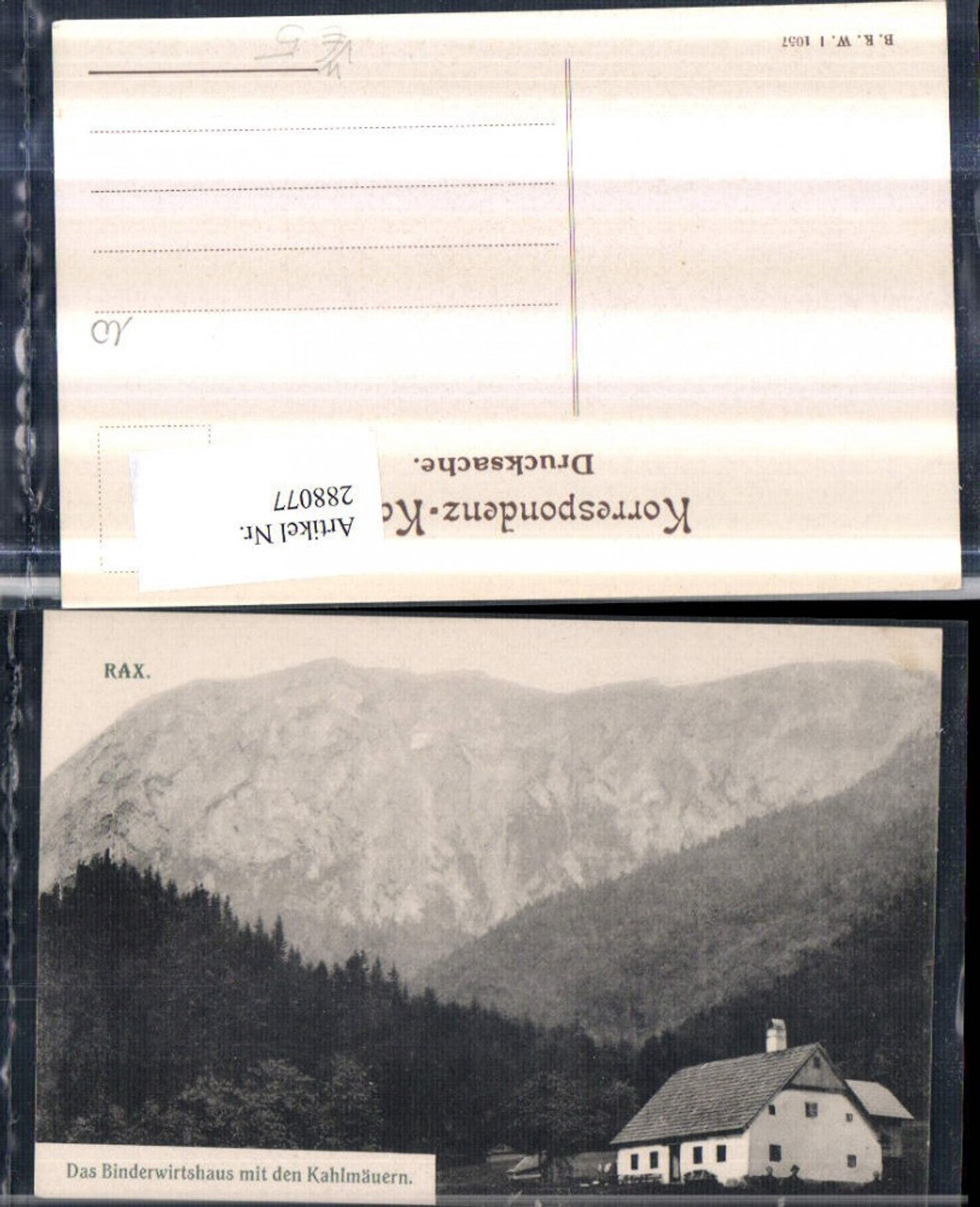 288077,Rax Binderwirtshaus m. d. Kahlmäuern Bergkulisse b. Schwarzau pub Brüder Kohn B.K.W.I. 1057