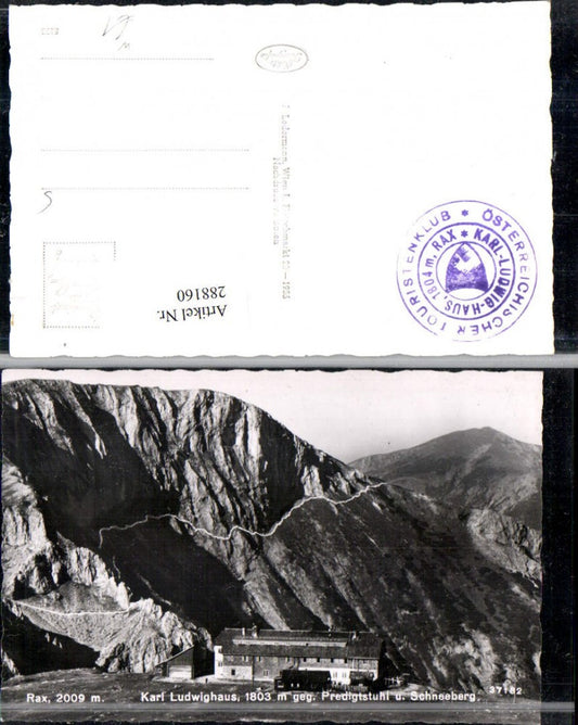 288160,Karl Ludwig-Haus auf d. Rax m. Predigstuhl u. Schneeberg Bergkulisse b. Prein