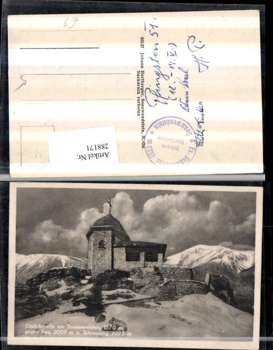 288171,Gipfelkapelle am Sonnwendstein geg. Rax u. Schneeberg Bergkulisse b. Semmering