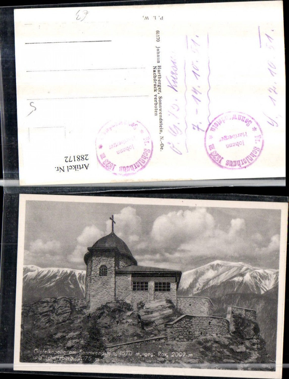 288172,Gipfelkapelle am Sonnwendstein geg. Rax u. Schneeberg Bergkulisse b. Semmering
