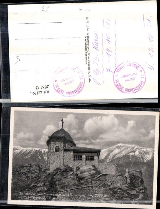 288172,Gipfelkapelle am Sonnwendstein geg. Rax u. Schneeberg Bergkulisse b. Semmering