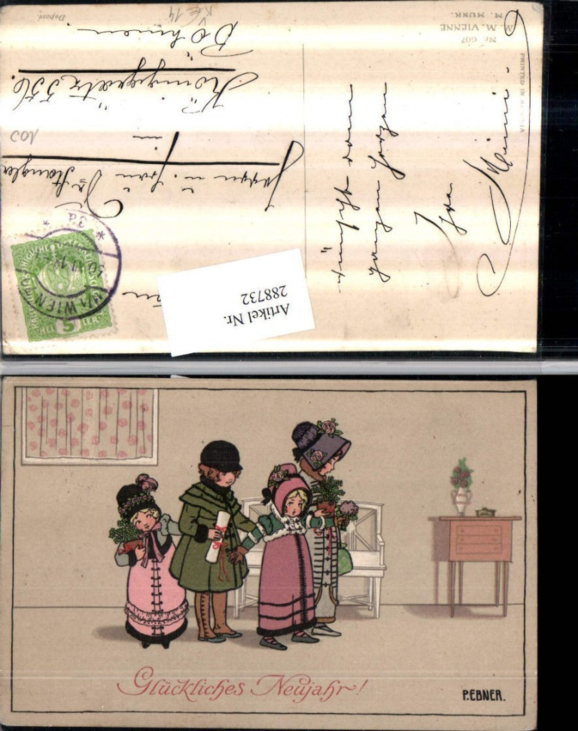 288732,Künstler AK Pauli Ebner Neujahr Kinder m. Hauben Geschenk Blumen pub Munk Vienne 607