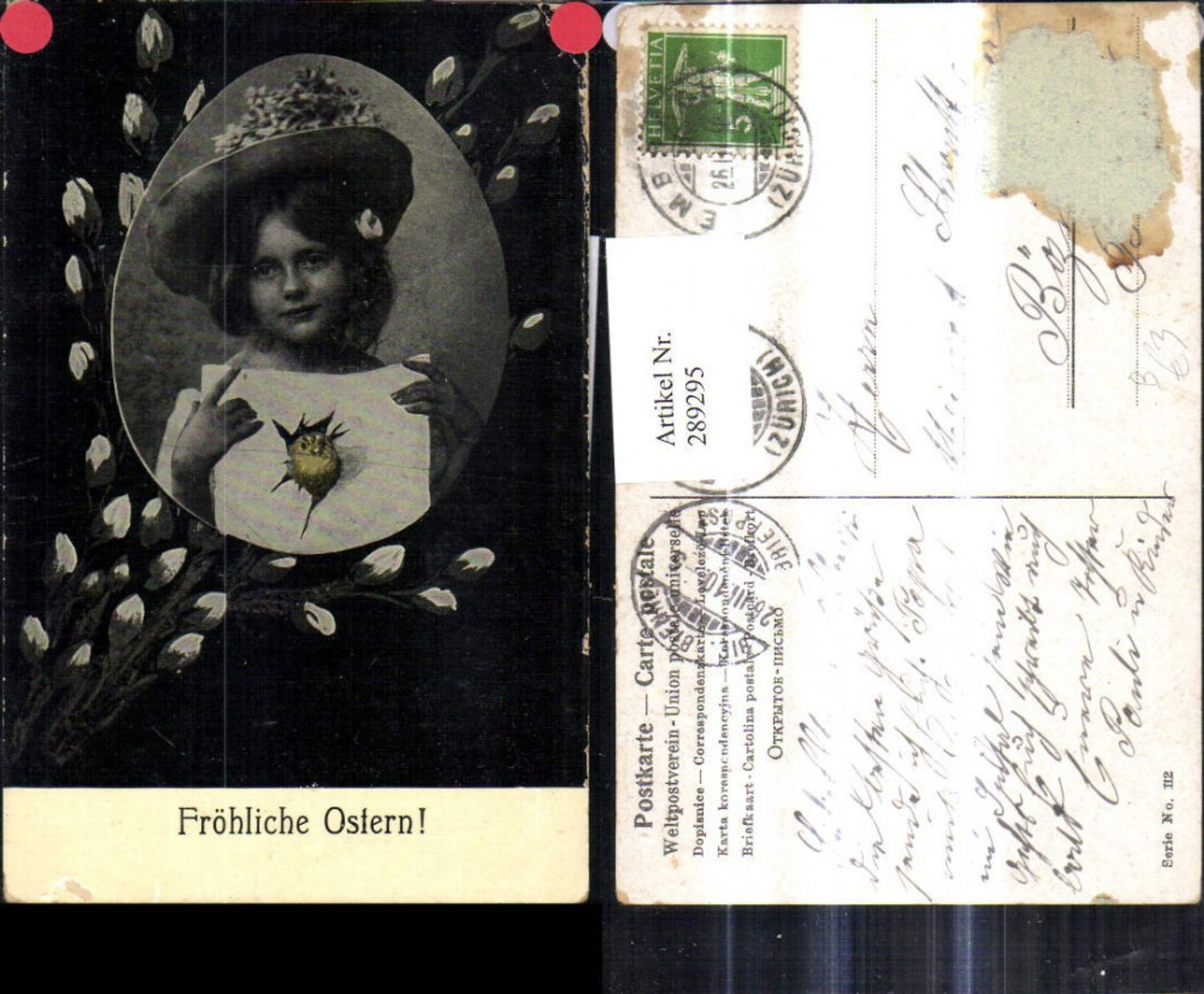 289295,Kind Mädchen m. Hut Vogel fliegt durch Papierblatt Ostern Osterei Palmkätzchen