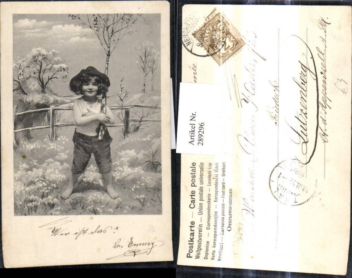 289296,Kind Mädchen m. Birkenast Landschaft Zaun Passepartout
