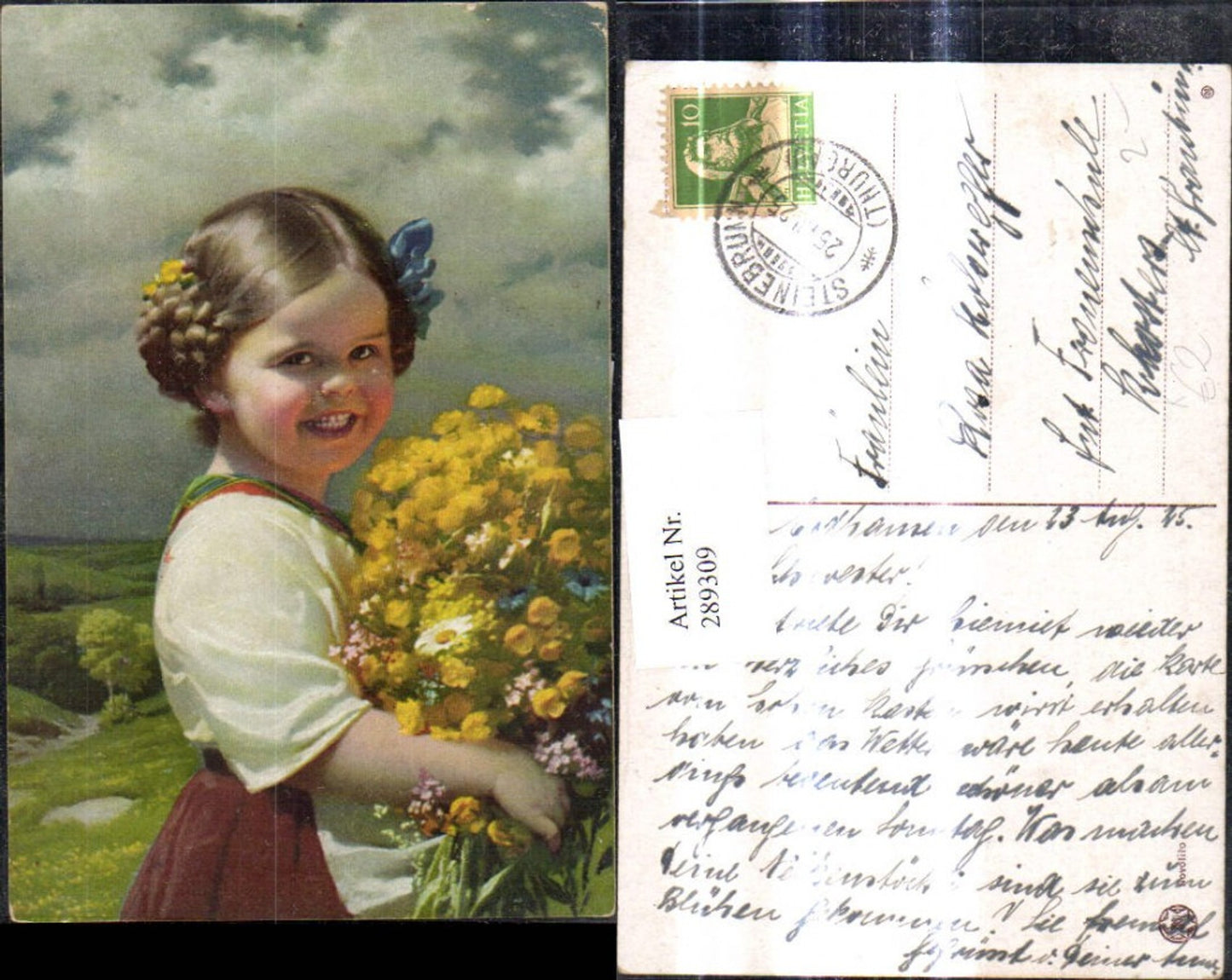 289309,Künstler Ak Kind Mädchen m. Zöpfen Haarband Blumenstrauß Blumen