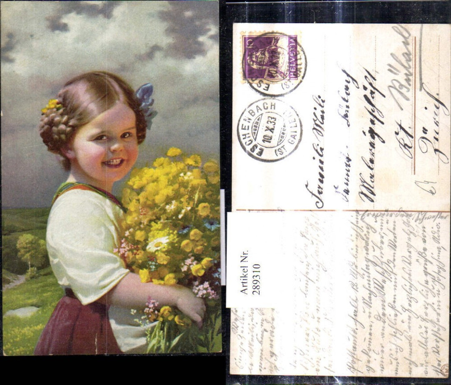 289310,Künstler Ak Kind Mädchen m. Zöpfen Haarband Blumenstrauß Blumen